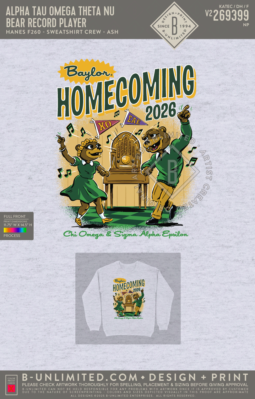 Alpha Tau Omega Theta Nu - Bear Record Player - Hanes - F260 - Sweatshirt - Ash