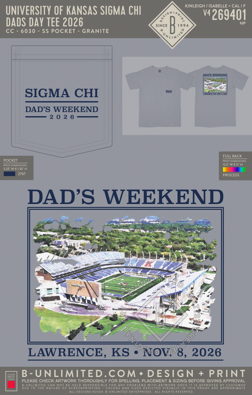 University of Kansas Sigma Chi - Dads Day tee 2026 - CC - 6030 - SS Pocket - Granite