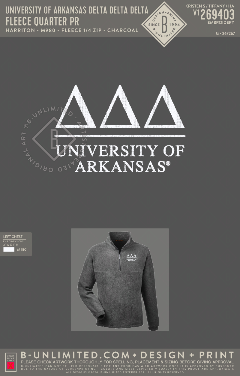 University of Arkansas Delta Delta Delta - Fleece Quarter PR - Harriton - M980 - Fleece 1/4 Zip - Charcoal