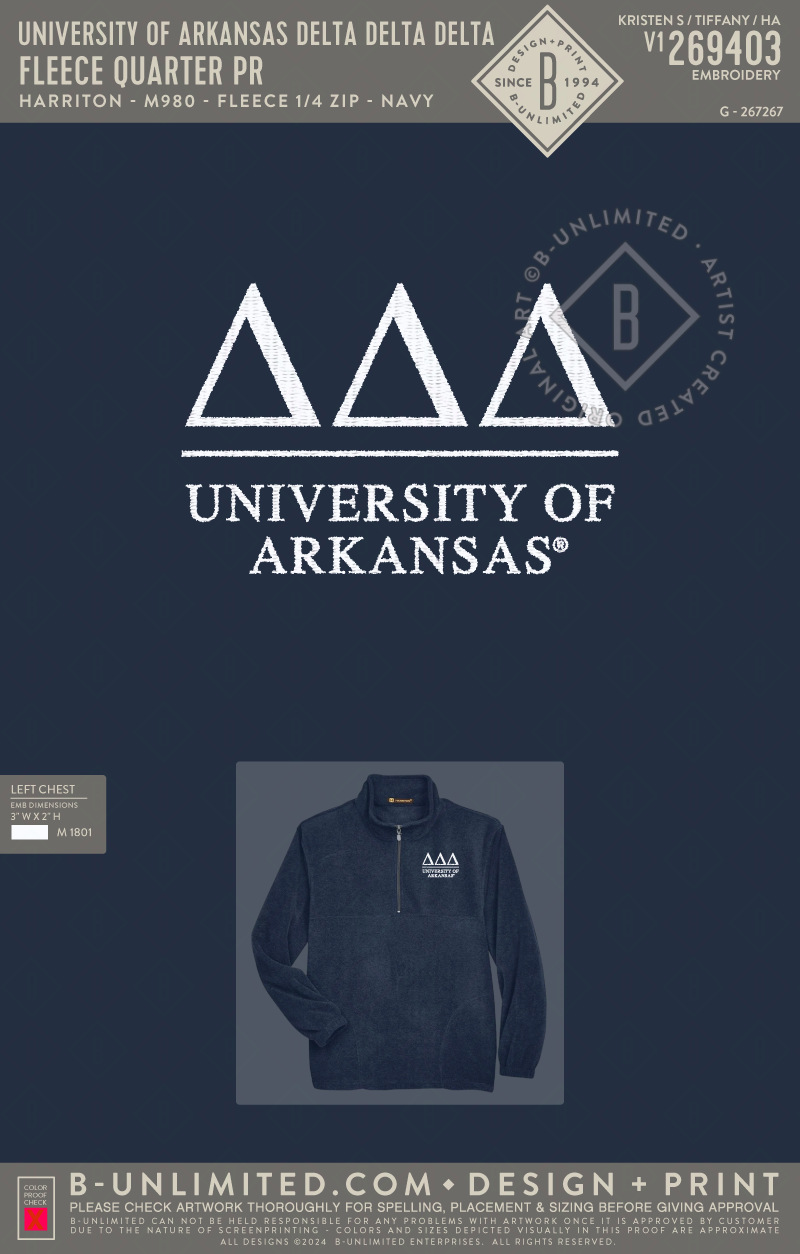 University of Arkansas Delta Delta Delta - Fleece Quarter PR - Harriton - M980 - Fleece 1/4 Zip - Navy