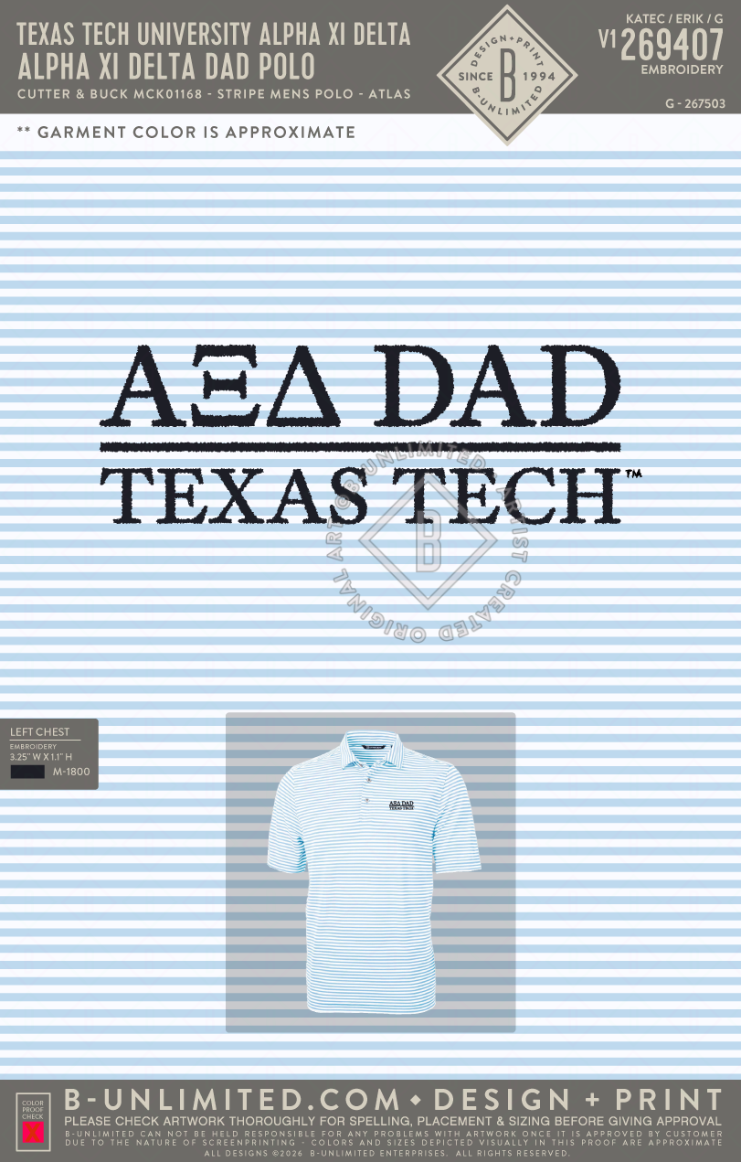 Texas Tech University Alpha Xi Delta - Alpha Xi Delta Dad Polo - Cutter & Buck - MCK01168 - Virtue Eco Pique Stripe Recycled Mens Polo - Atlas