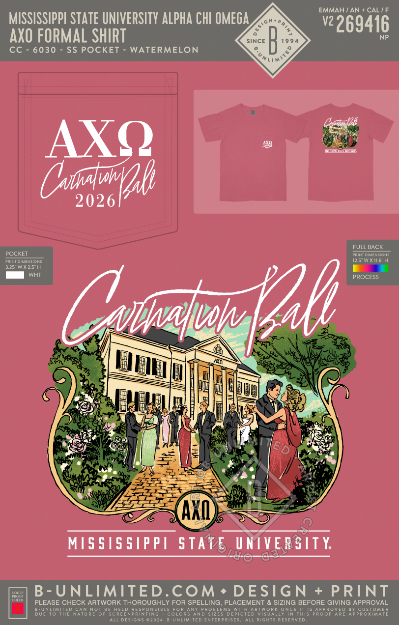 Mississippi State University Alpha Chi Omega - AXO Formal Shirt - CC - 6030 - SS Pocket - Watermelon