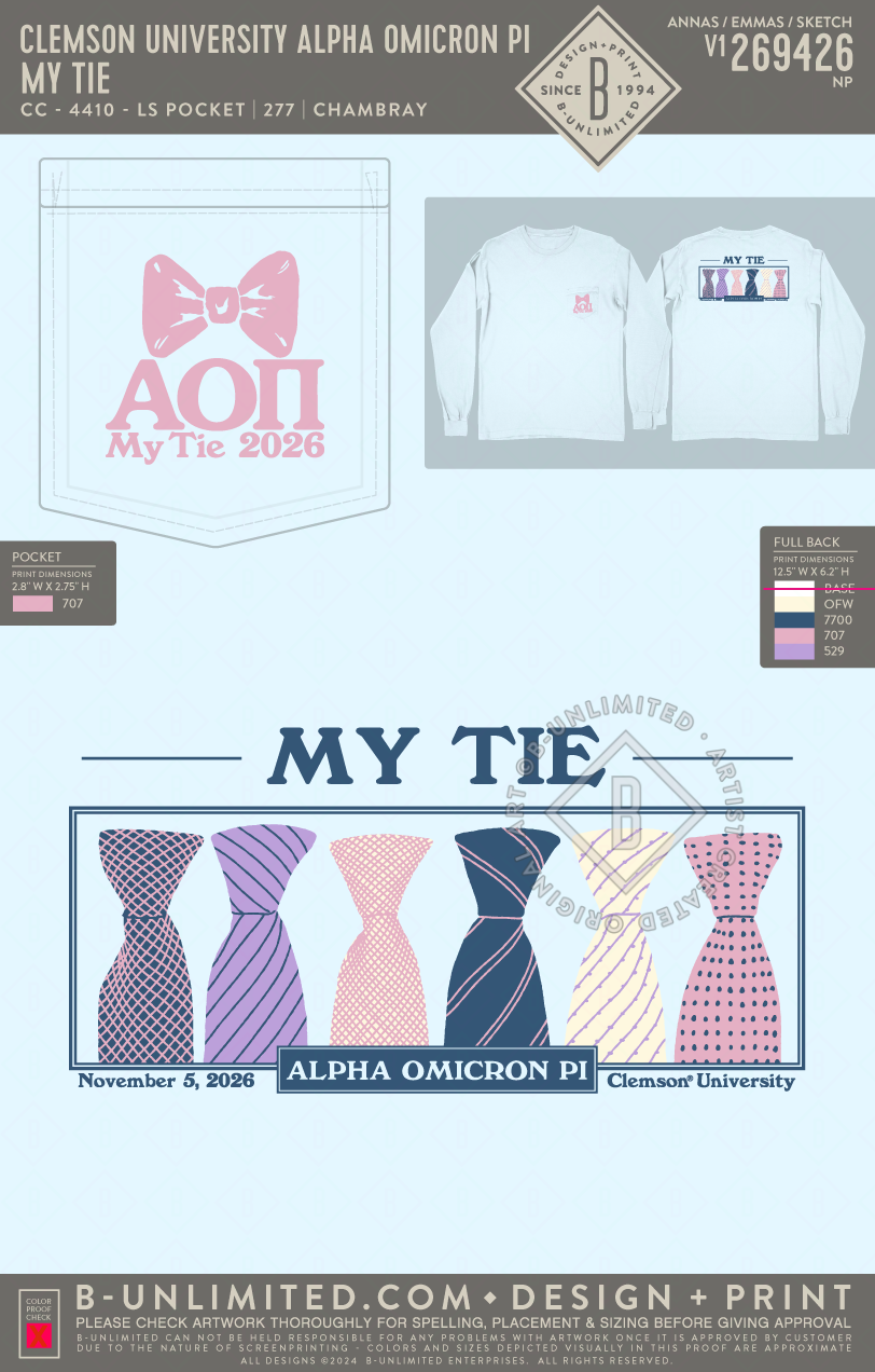Clemson University Alpha Omicron Pi - My Tie - CC - 6030 - SS Pocket - Chambray