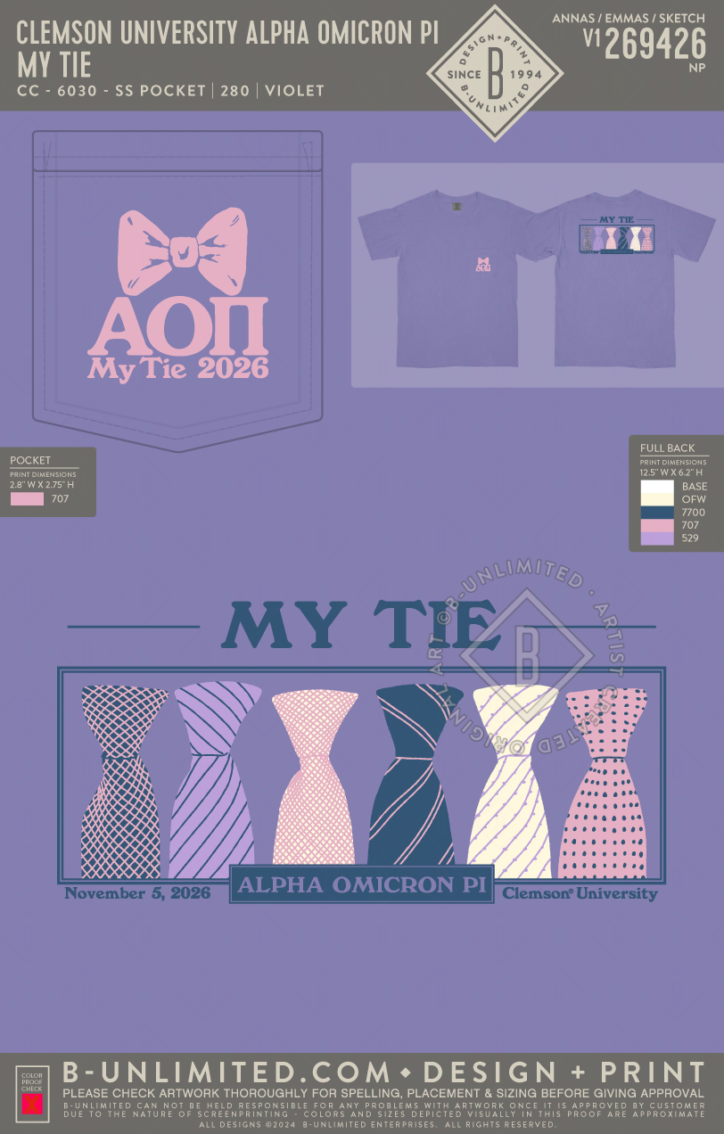 Clemson University Alpha Omicron Pi - My Tie - CC - 6030 - SS Pocket - Violet