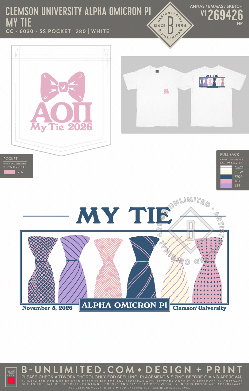 Clemson University Alpha Omicron Pi - My Tie - CC - 6030 - SS Pocket - White