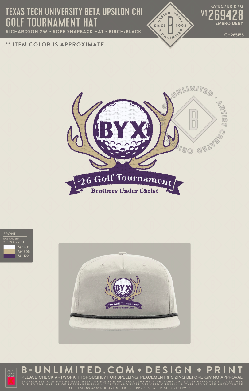 Texas Tech University Beta Upsilon Chi - Golf Tournament Hat - Richardson - 256 - Rope Snapback Hat - Birch/Black