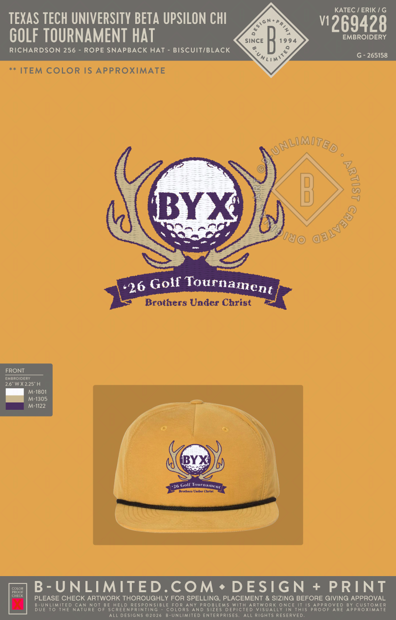 Texas Tech University Beta Upsilon Chi - Golf Tournament Hat - Richardson - 256 - Rope Snapback Hat - Biscuit/Black