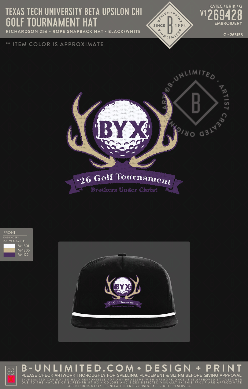 Texas Tech University Beta Upsilon Chi - Golf Tournament Hat - Richardson - 256 - Rope Snapback Hat - Black/White
