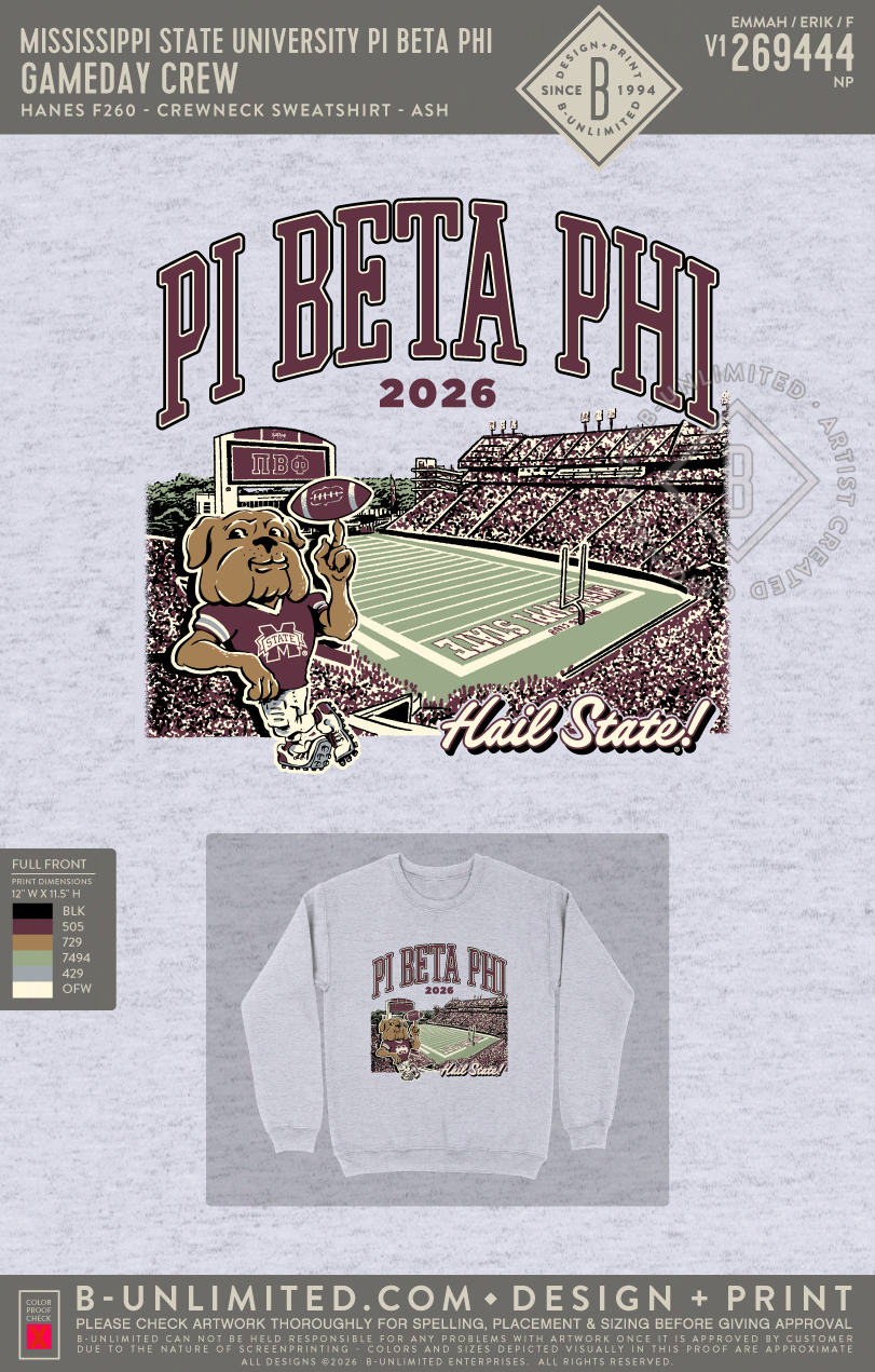 Mississippi State University Pi Beta Phi - Gameday Crew - Hanes - F260 - Sweatshirt - Ash