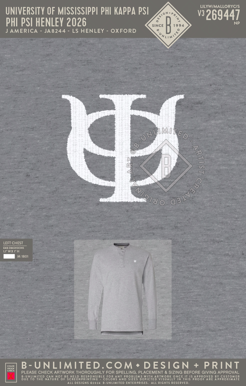 University of Mississippi Phi Kappa Psi - Phi Psi Henley 2026 - J America - JA8244 - LS Henley - Oxford