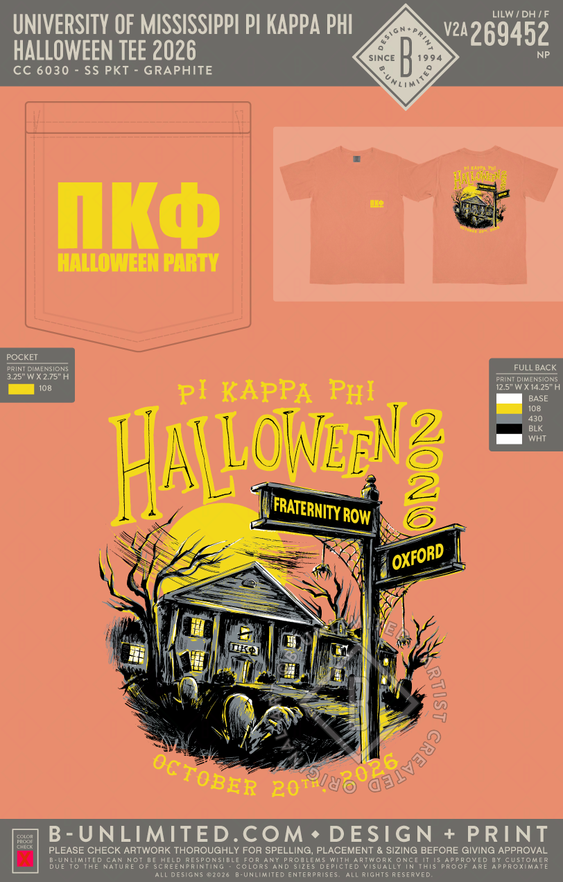 University of Mississippi Pi Kappa Phi - Halloween Tee 2026 - CC - 6030 - SS Pocket - Melon
