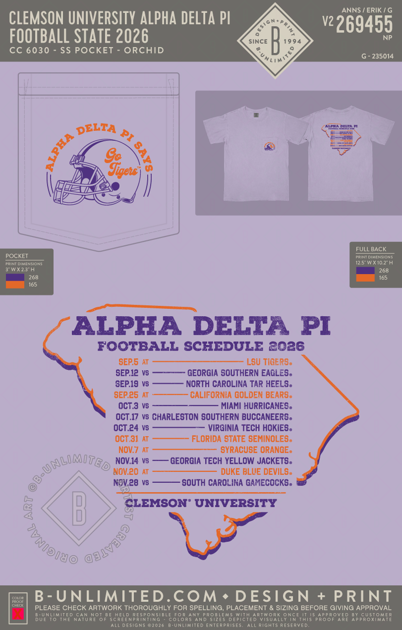 Clemson University Alpha Delta Pi - Football State 2026 - CC - 6030 - SS Pocket - Orchid