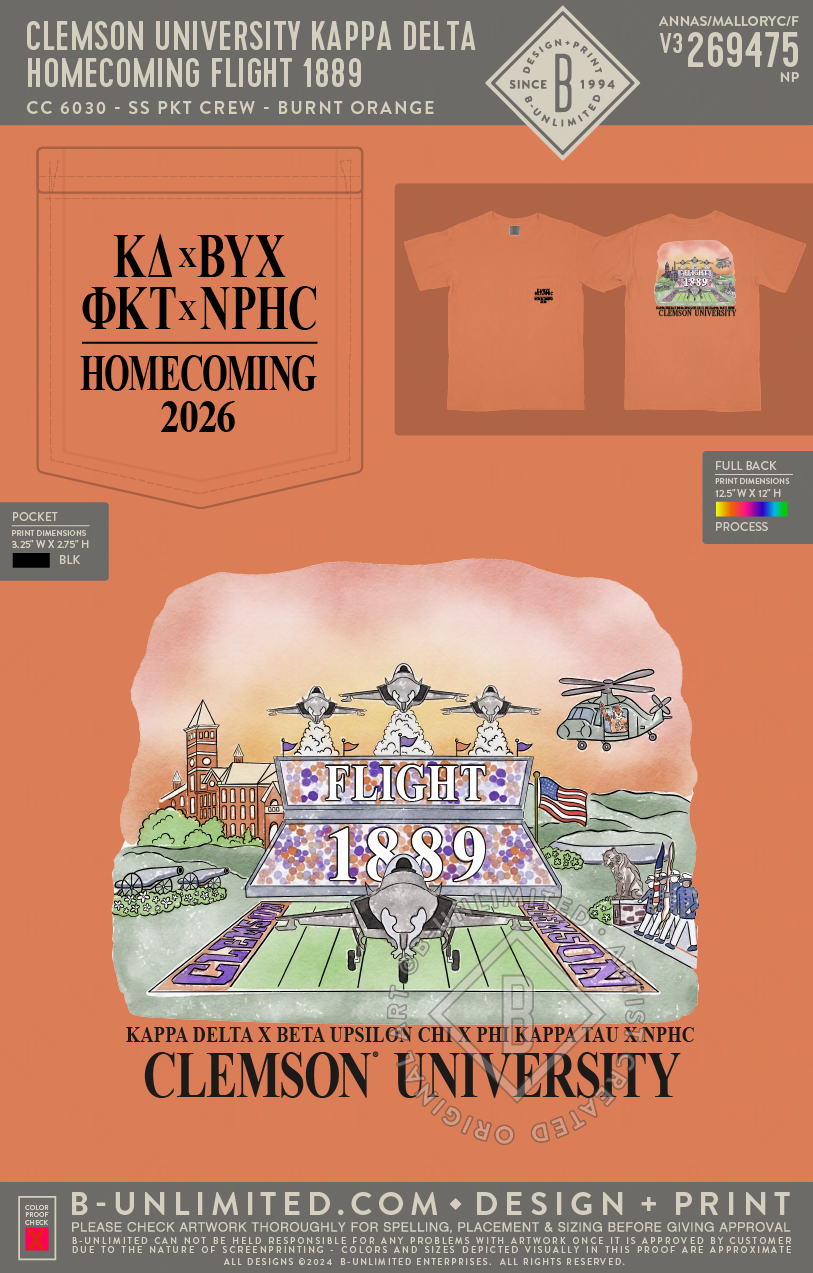 Clemson University Kappa Delta - Homecoming Flight 1889 - CC - 6030 - SS Pocket - Burnt Orange