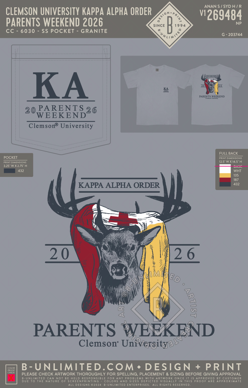 Clemson University Kappa Alpha Order - Parents Weekend 2026 - CC - 6030 - SS Pocket - Granite