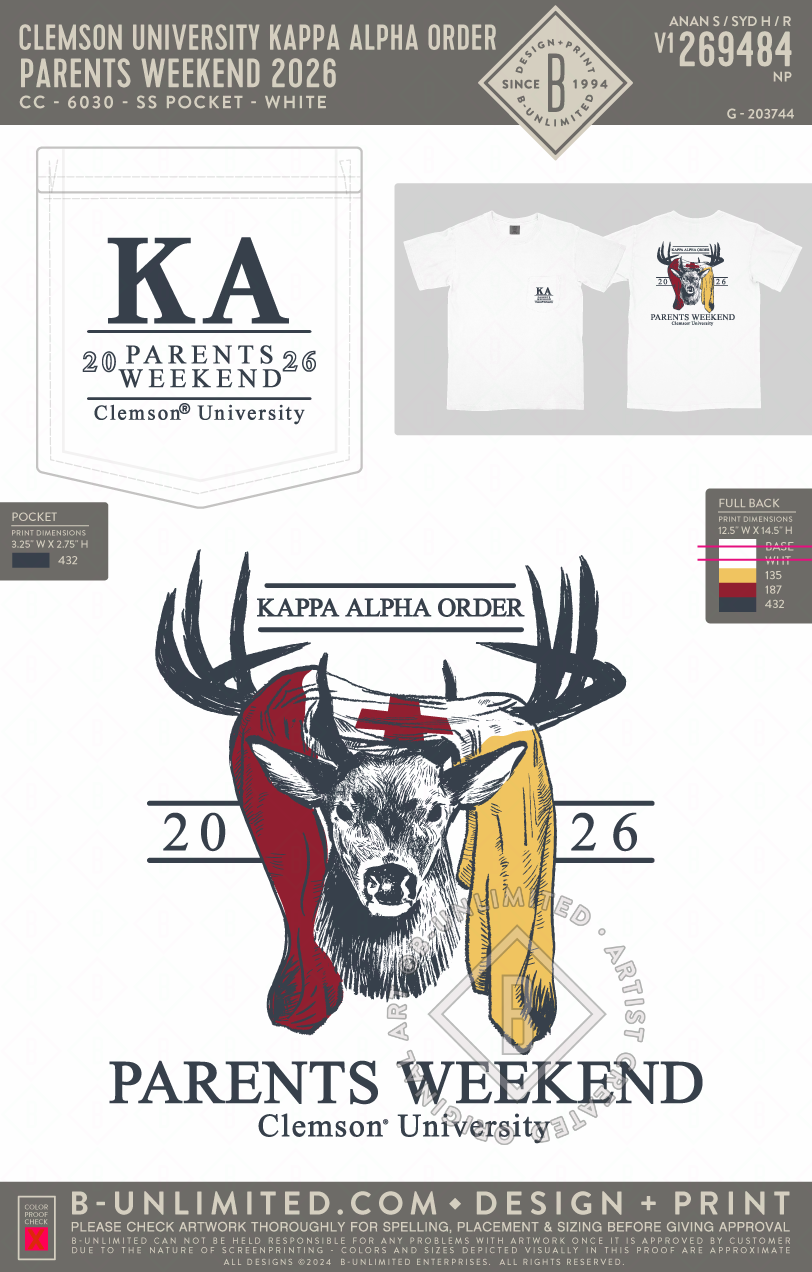 Clemson University Kappa Alpha Order - Parents Weekend 2026 - CC - 6030 - SS Pocket - White
