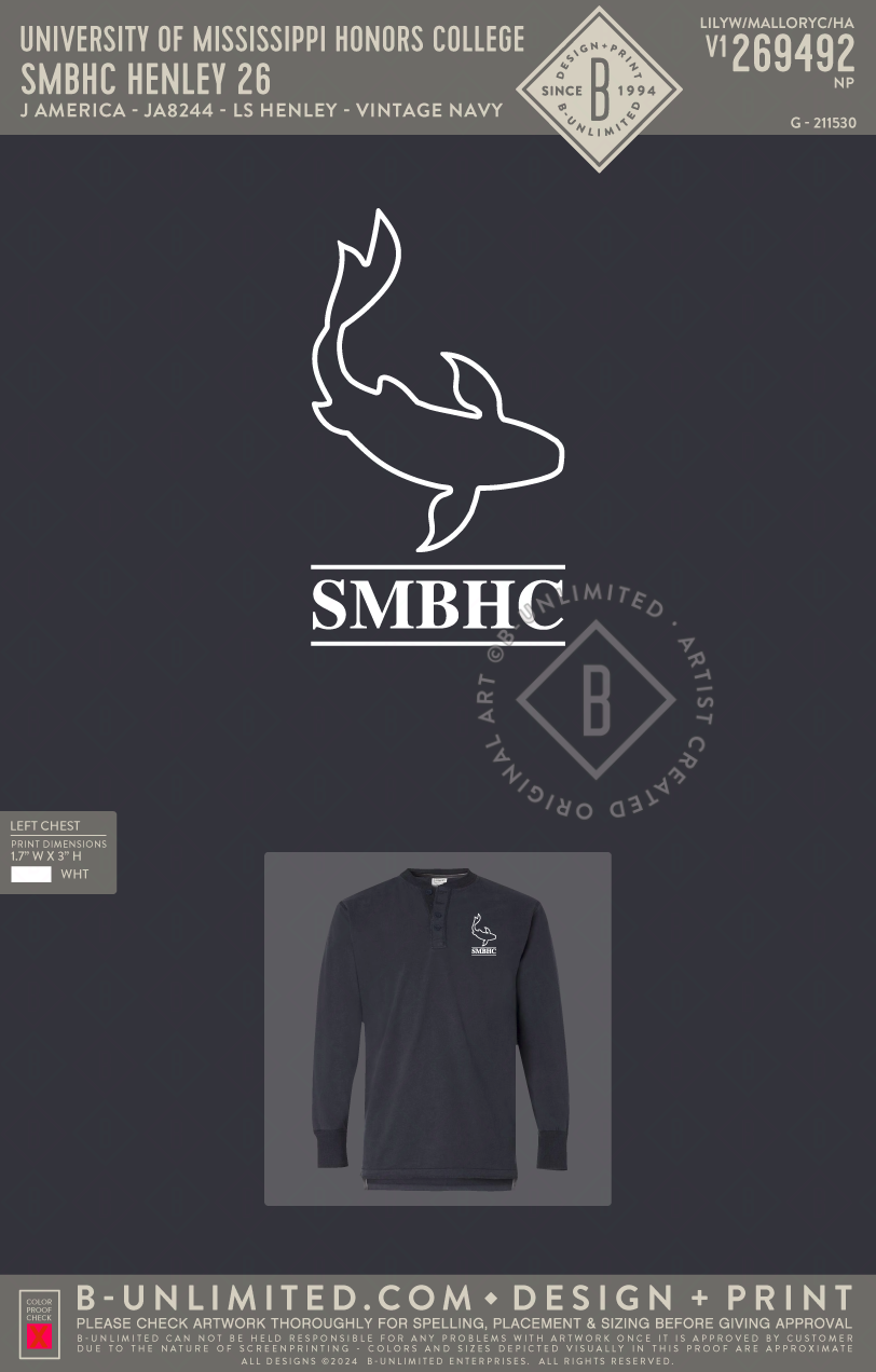 University of Mississippi Honors College - SMBHC Henley 26 - J America - JA8244 - LS Henley - Vintage Navy