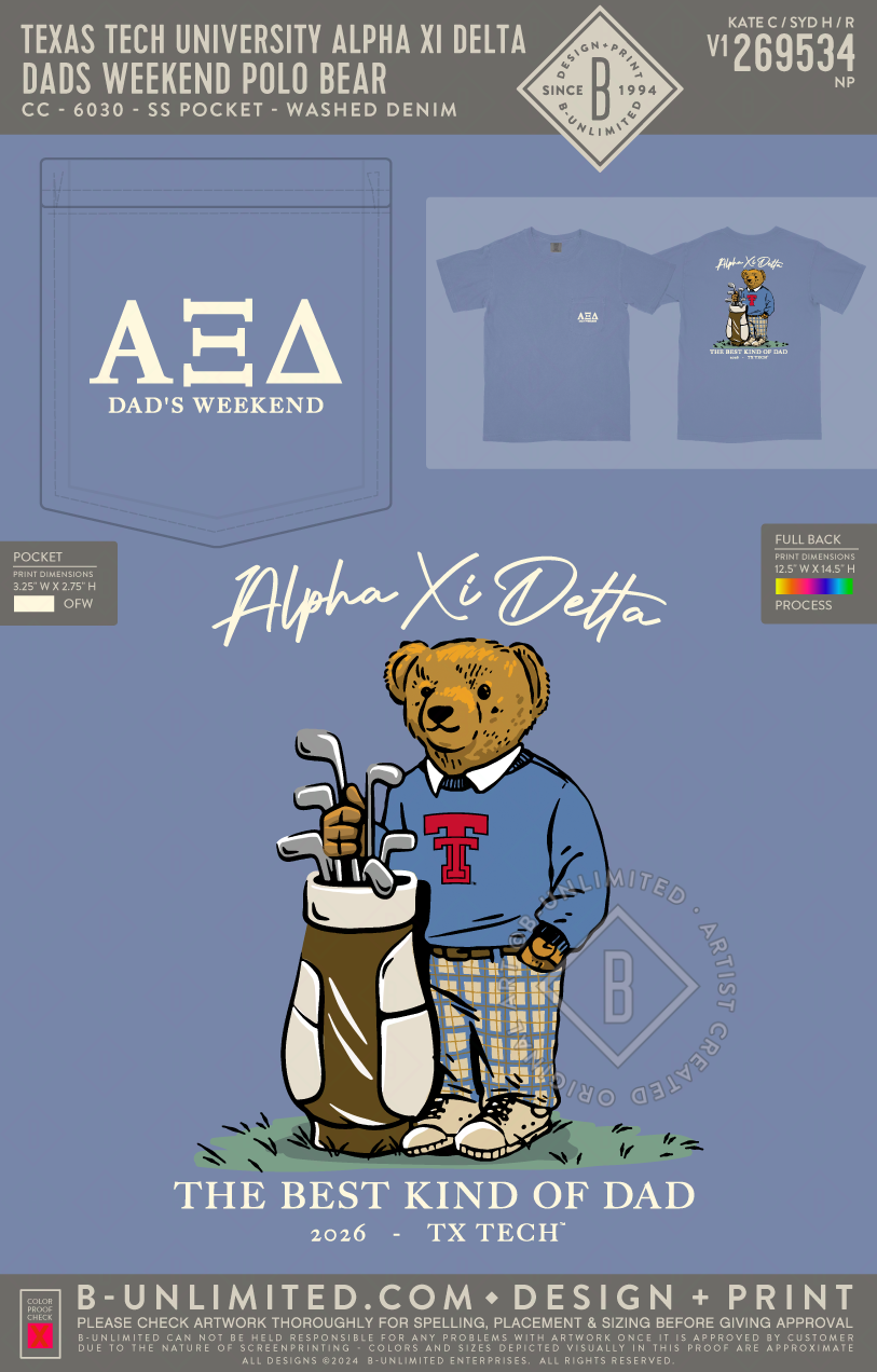 Texas Tech University Alpha Xi Delta - Dad's Weekend Polo Bear - CC - 6030 - SS Pocket - Washed Denim