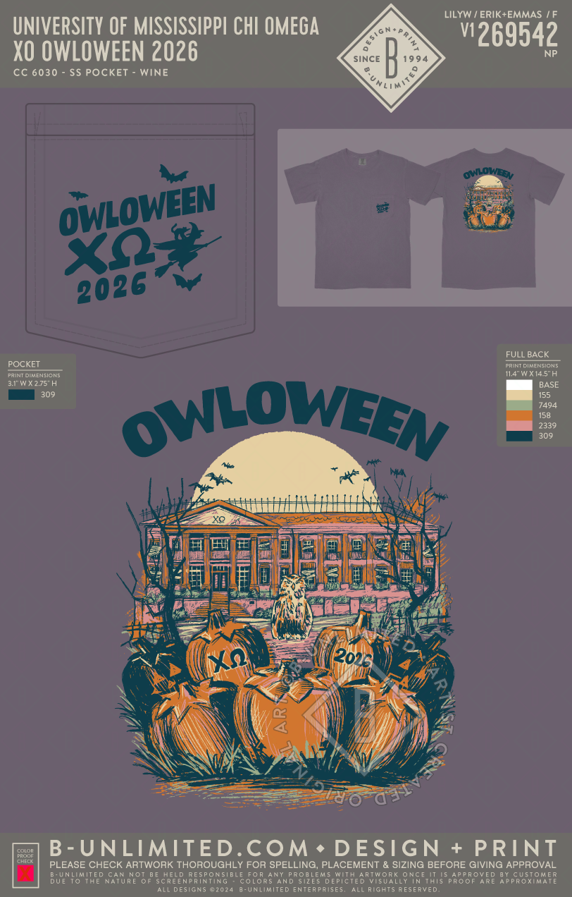 University of Mississippi Chi Omega - XO Owloween 2026 - CC - 6030 - SS Pocket - Wine