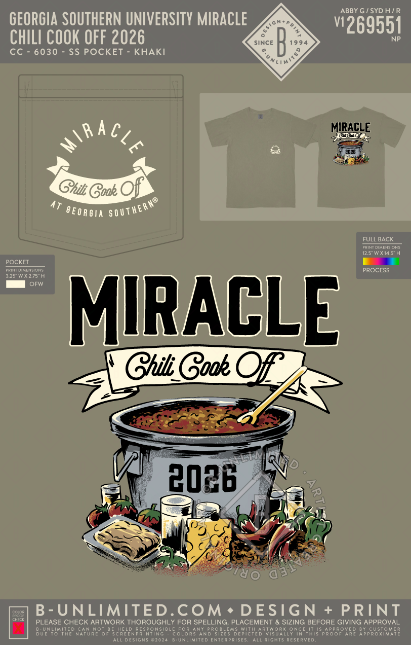 Georgia Southern University Miracle - Chili Cook Off 2026 - CC - 6030 - SS Pocket - Khaki