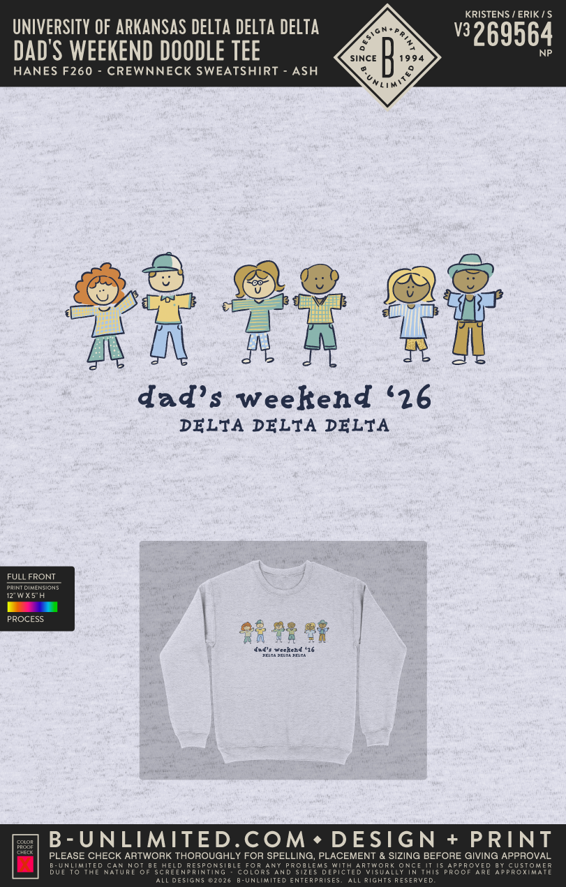 University of Arkansas Delta Delta Delta - Dad's Weekend Doodle Tee - Hanes - F260 - Sweatshirt - Ash
