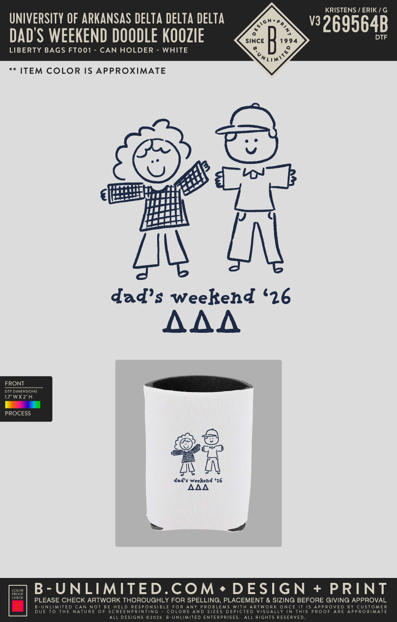 University of Arkansas Delta Delta Delta - Dad's Weekend Doodle Koozie - Liberty Bags - FT001 - Can Cooler - White