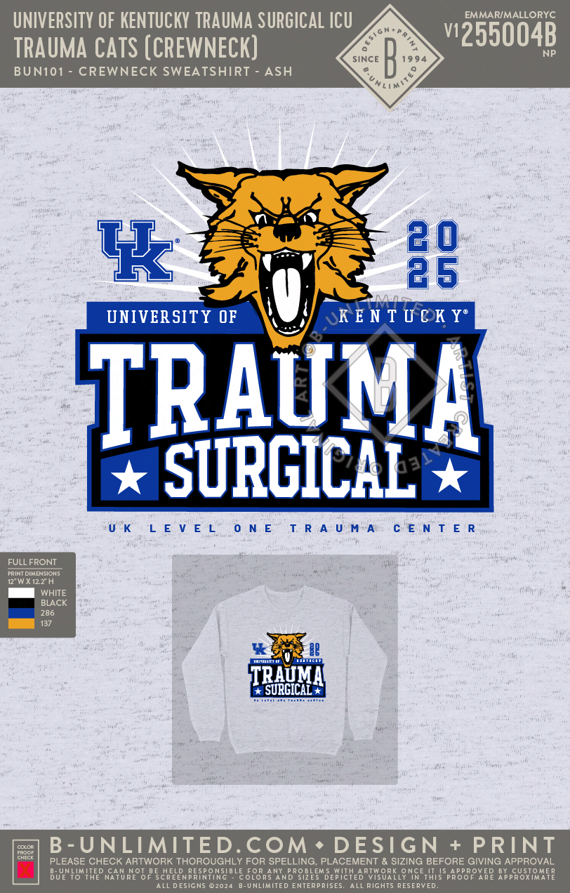 University of Kentucky Trauma Surgical ICU - Trauma Cats (crewneck) - B-Unlimited BUN101 - Ash