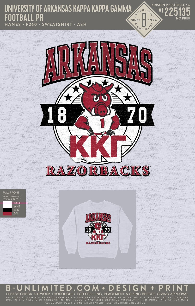 University of Arkansas Kappa Kappa Gamma - Football PR - 1871 - Hanes - F260 - Sweatshirt - Ash