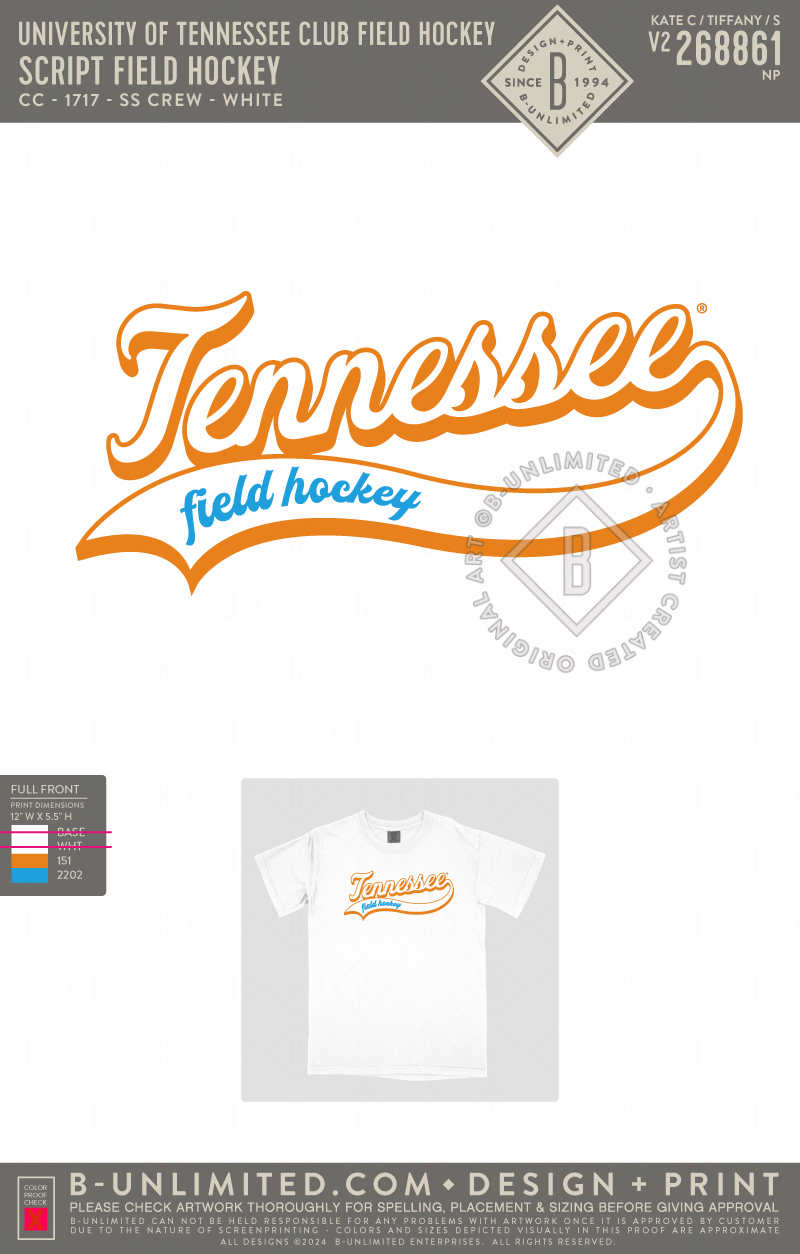University of Tennessee Club Field Hockey - Script Field Hockey - CC - 1717 - SS Crew - White