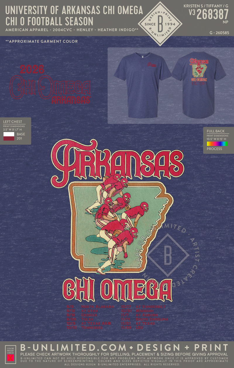 University of Arkansas Chi Omega - Chi O Football Season - American Apparel - 2004CVC - Henley Tee - Heather Indigo