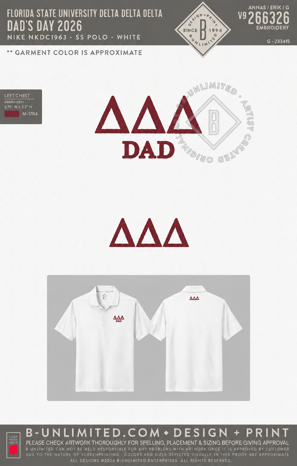 Florida State University Delta Delta Delta - Dad's Day 2026 - Nike - NKDC1963 - SS Polo - White