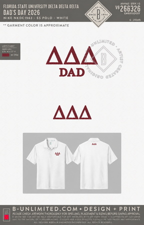 Florida State University Delta Delta Delta - Dad's Day 2026 - Nike - NKDC1963 - SS Polo - White