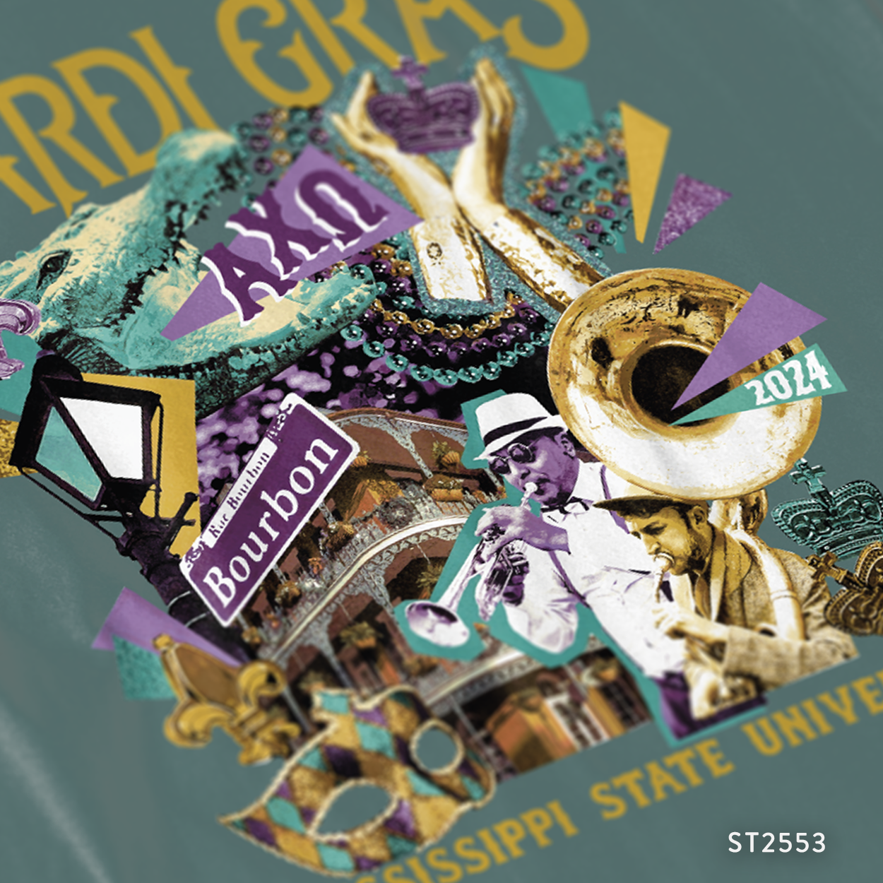 Alpha Chi Omega Collaged Mardi Gras T-Shirt Design