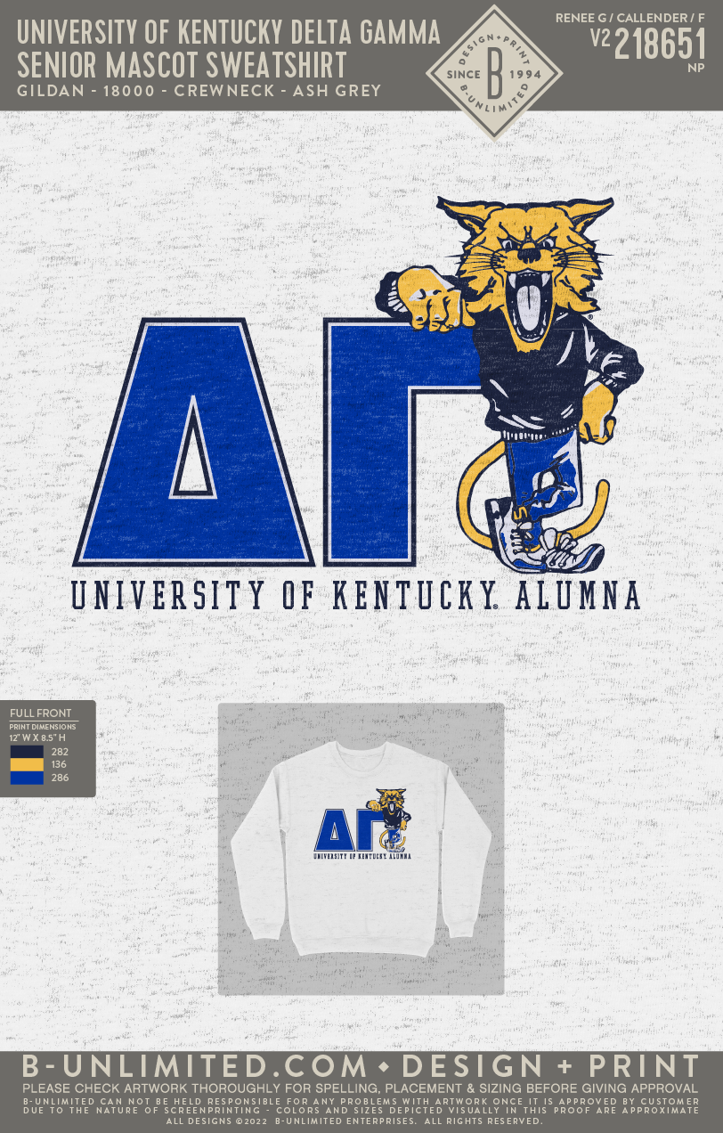 University of Kentucky Delta Gamma - Senior Mascot Sweatshirt - Gildan - 18000 - Sweatshirt - Ash Grey