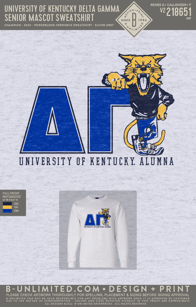 University of Kentucky Delta Gamma - Senior Mascot Sweatshirt - Champion - S600 - Sweatshirt - Silver Gray