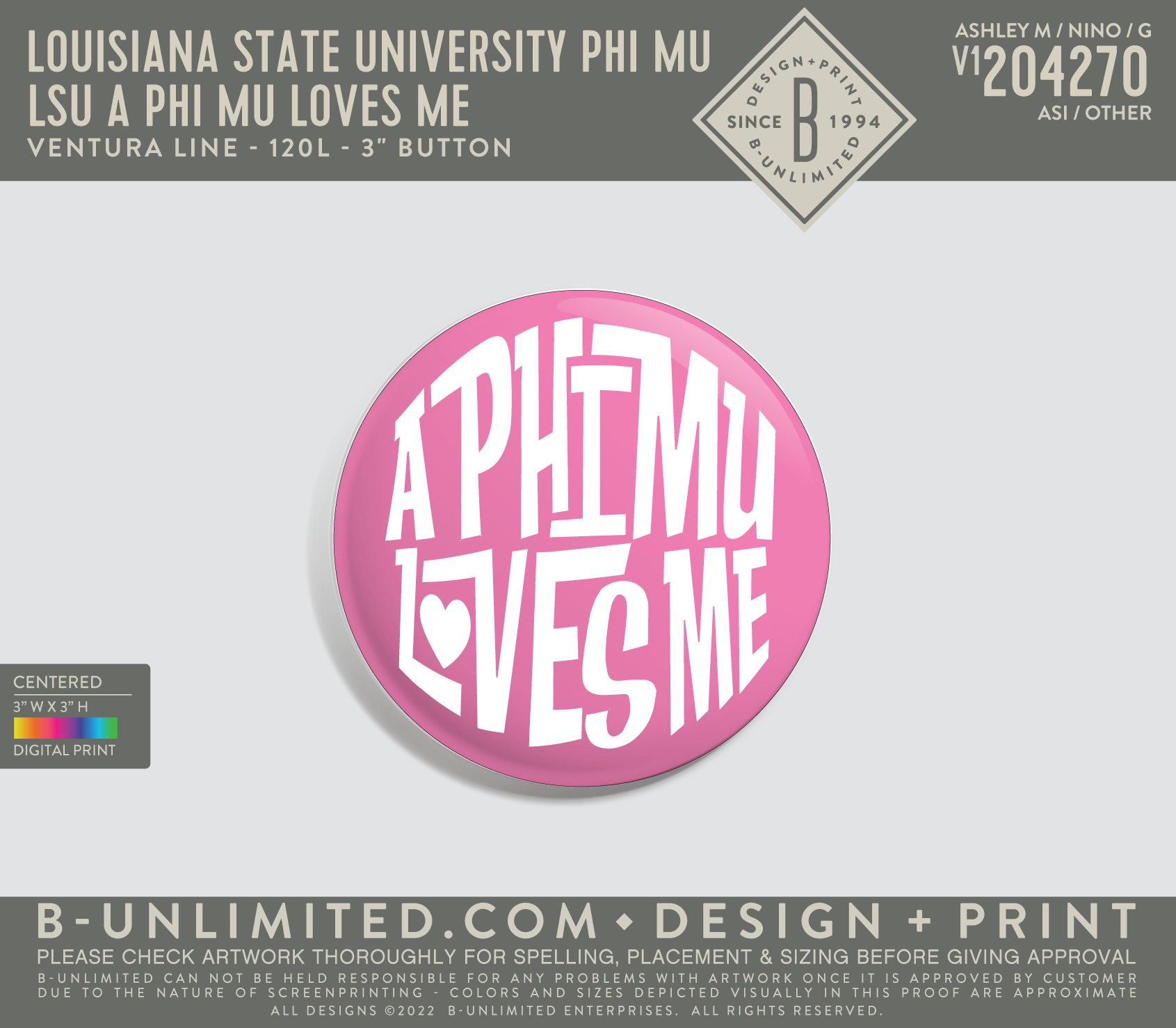 Louisiana State University Phi Mu - LSU A Phi Mu Loves Me (Buttons) - Ventura Line - 120L - 3" Button - White