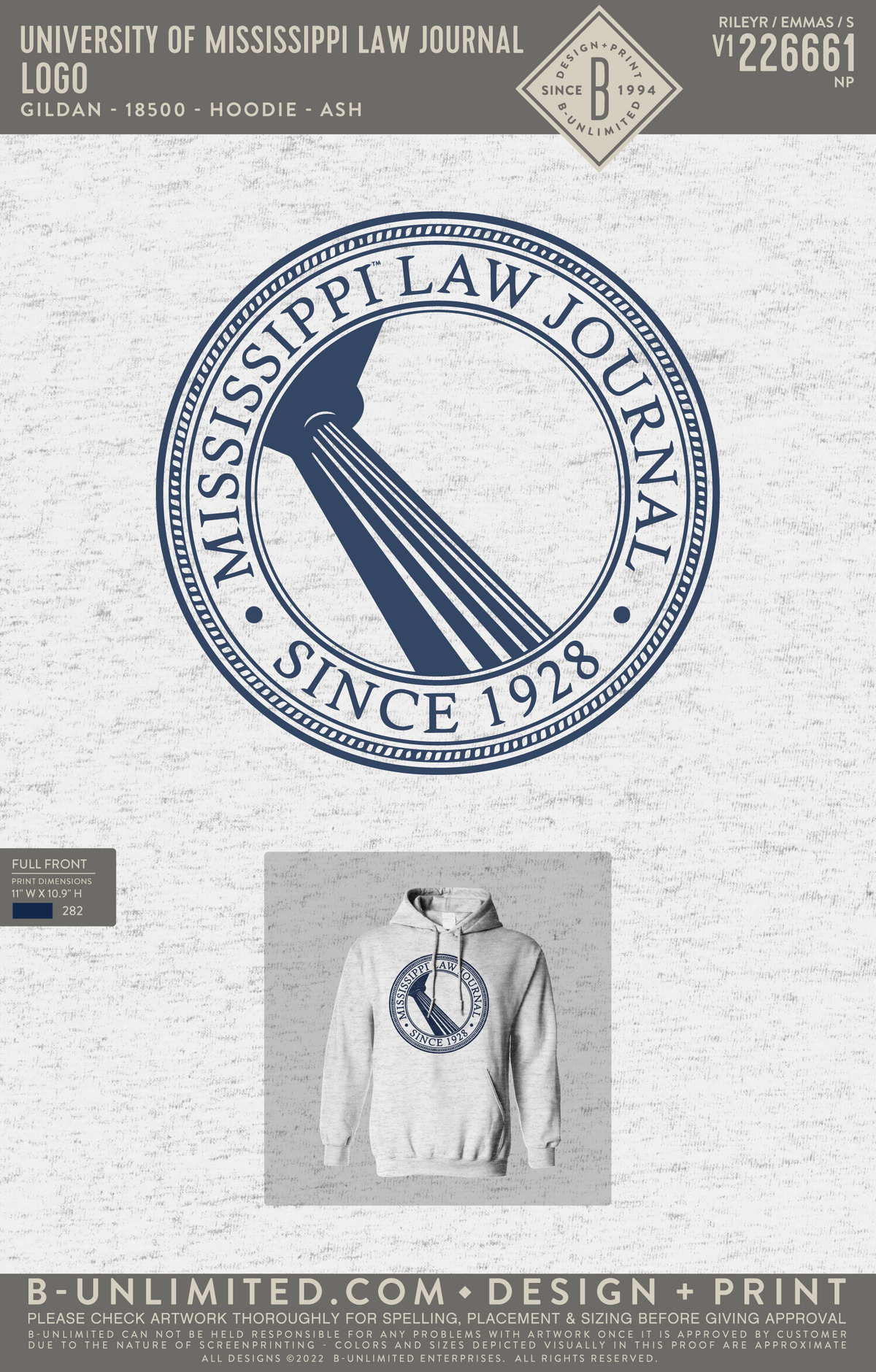 University of Mississippi Law Journal - Logo - Gildan - 18500 - Hoodie - Ash