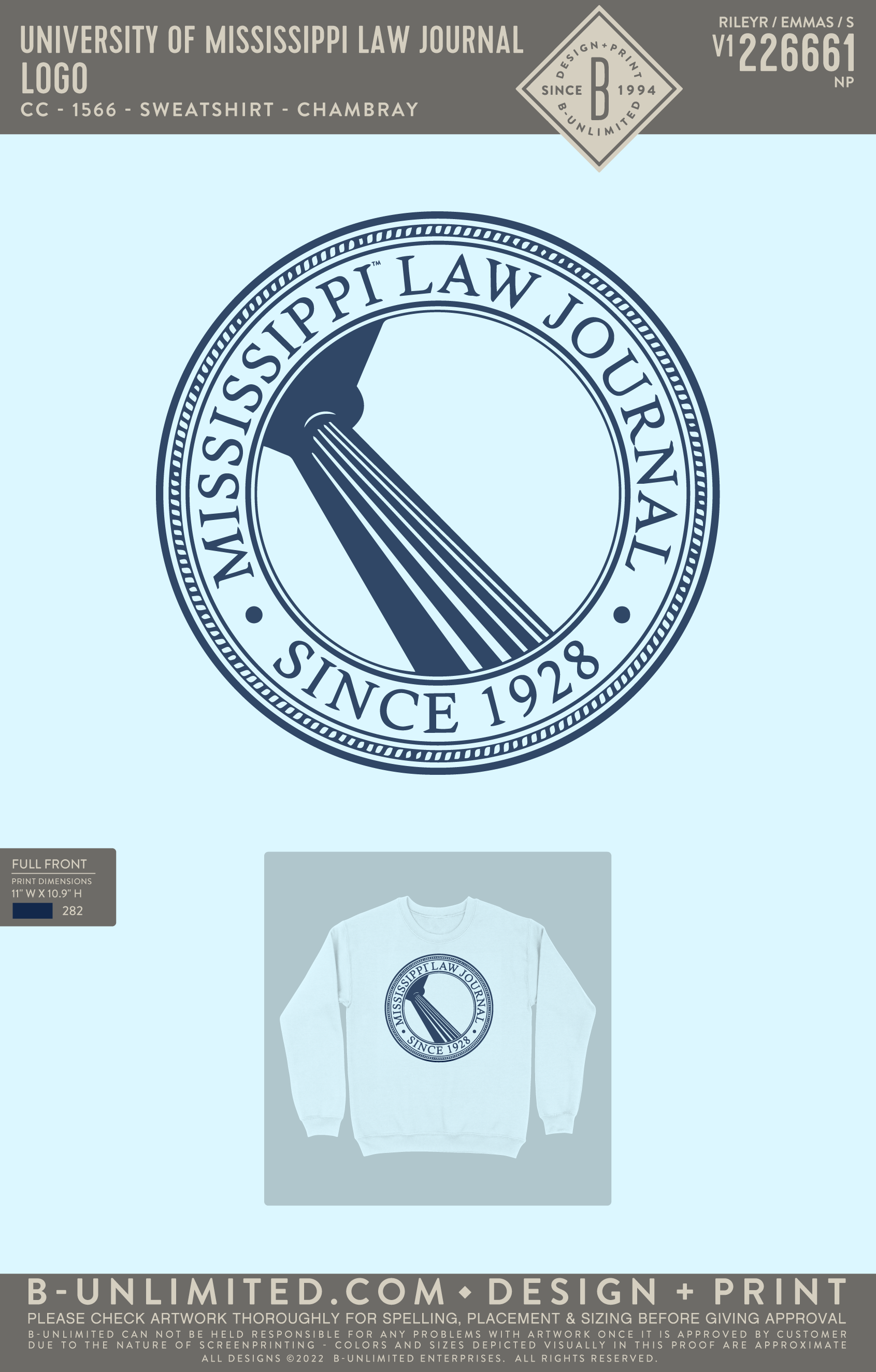University of Mississippi Law Journal - Logo - CC - 1566 - Sweatshirt - Chambray