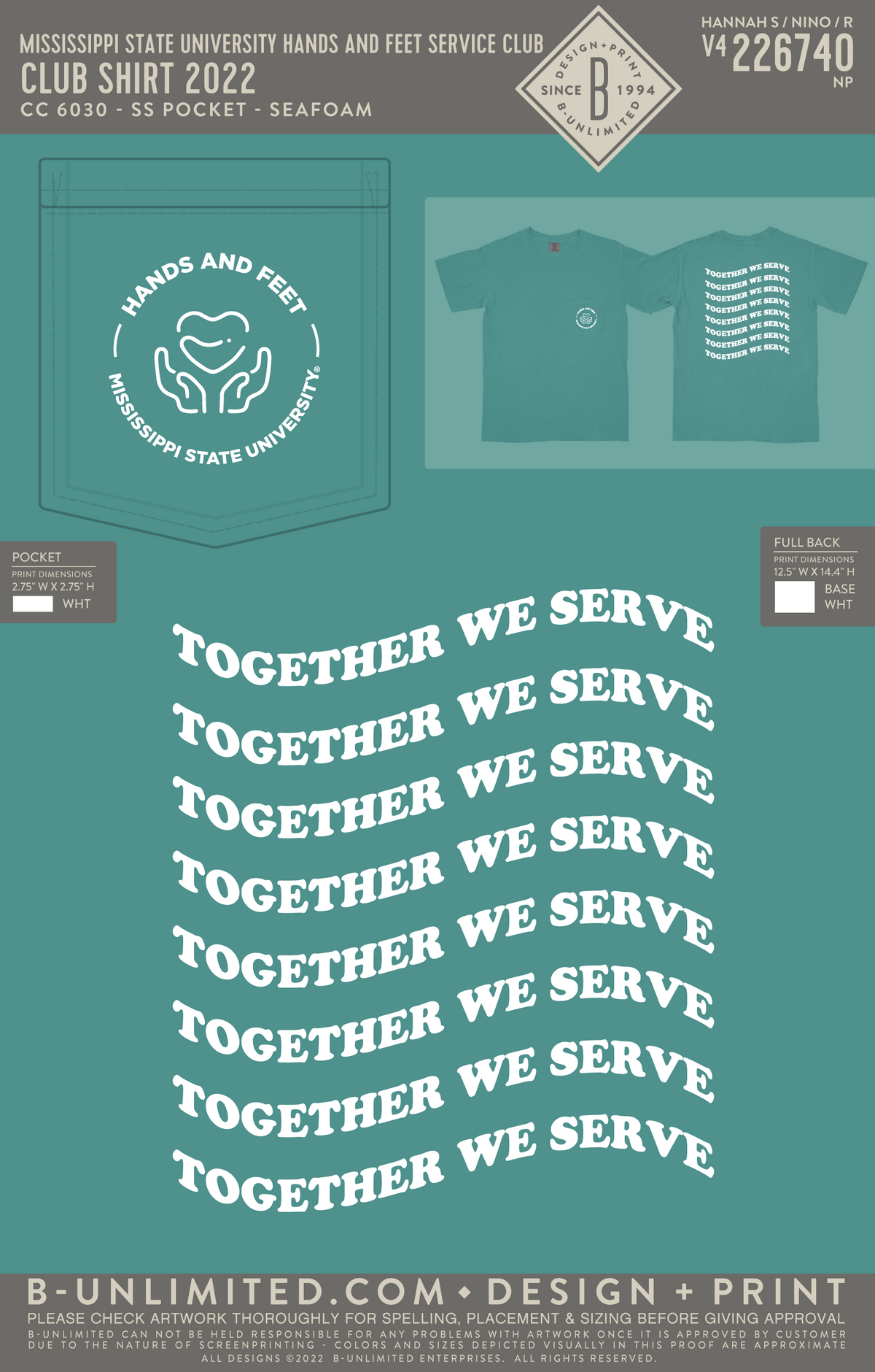Mississippi State University Hands and Feet Service Club - Club Shirt 2022 - CC - 6030 - SS Pocket - Seafoam