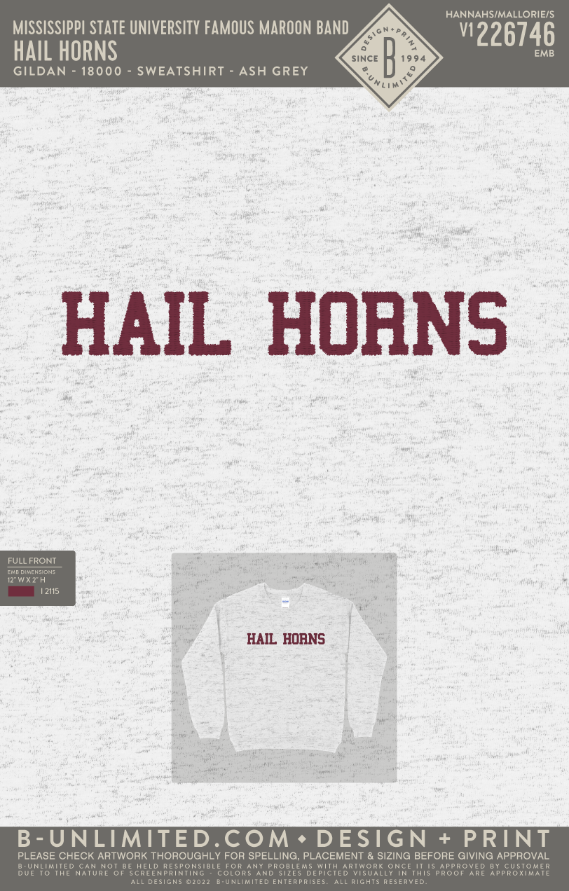 Mississippi State University Famous Maroon Band - Hail Horns - Gildan - 18000 - Sweatshirt - Ash Grey