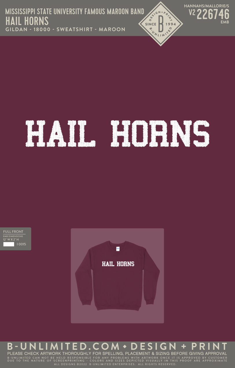 Mississippi State University Famous Maroon Band - Hail Horns - Gildan - 18000 - Sweatshirt - Maroon