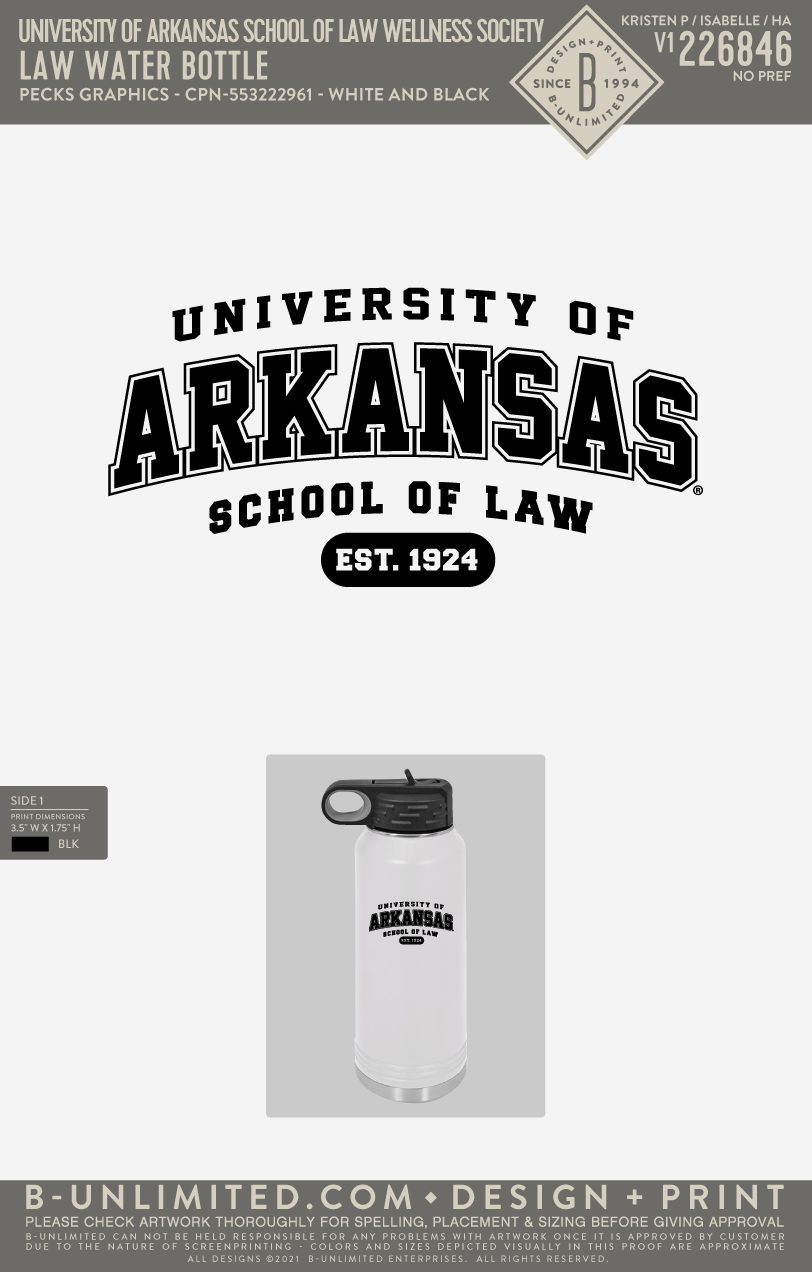 University of Arkansas School of Law Wellness Society - Law Water Bottle - Pecks Graphics - LWB214 - Water Bottle - White