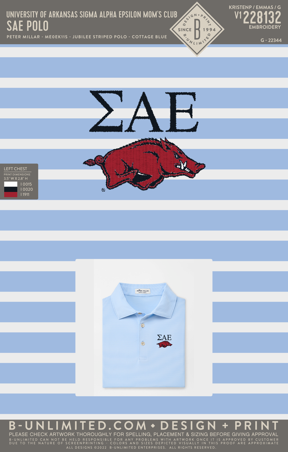 University of Arkansas Sigma Alpha Epsilon Mom's Club - SAE Polo - Peter Millar - MEOEK11S - Jubilee Striped Polo - Cottage Blue