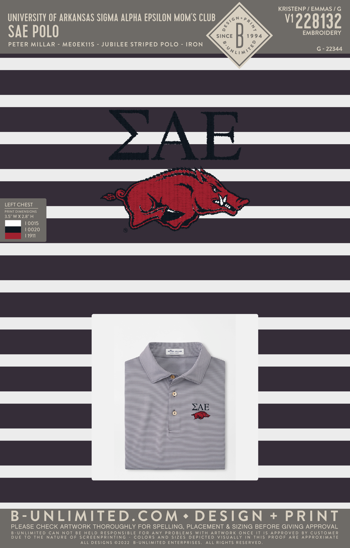 University of Arkansas Sigma Alpha Epsilon Mom's Club - SAE Polo - Peter Millar - MEOEK11S - Jubilee Striped Polo - Iron