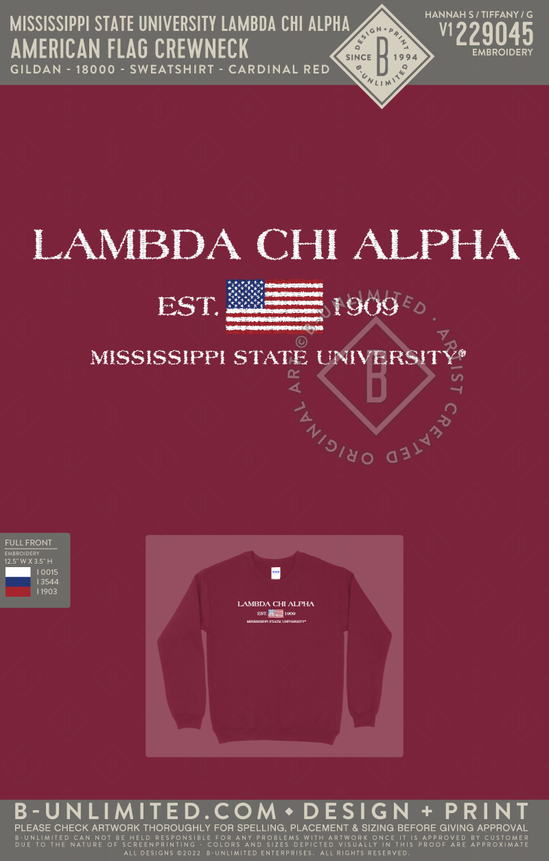 Mississippi State University Lambda Chi Alpha - American Flag Crewneck - Gildan - 18000 - Sweatshirt - Cardinal Red