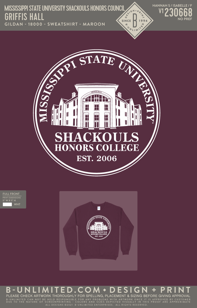 Mississippi State University Shackouls Honors Council - Griffis Hall - Gildan - 18000 - Sweatshirt - Maroon