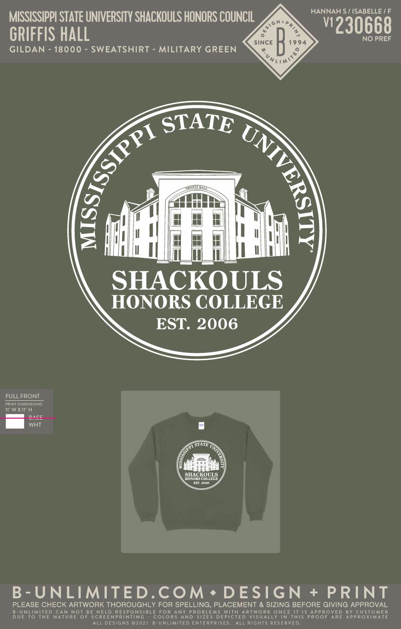 Mississippi State University Shackouls Honors Council - Griffis Hall - Gildan - 18000 - Sweatshirt - Military Green