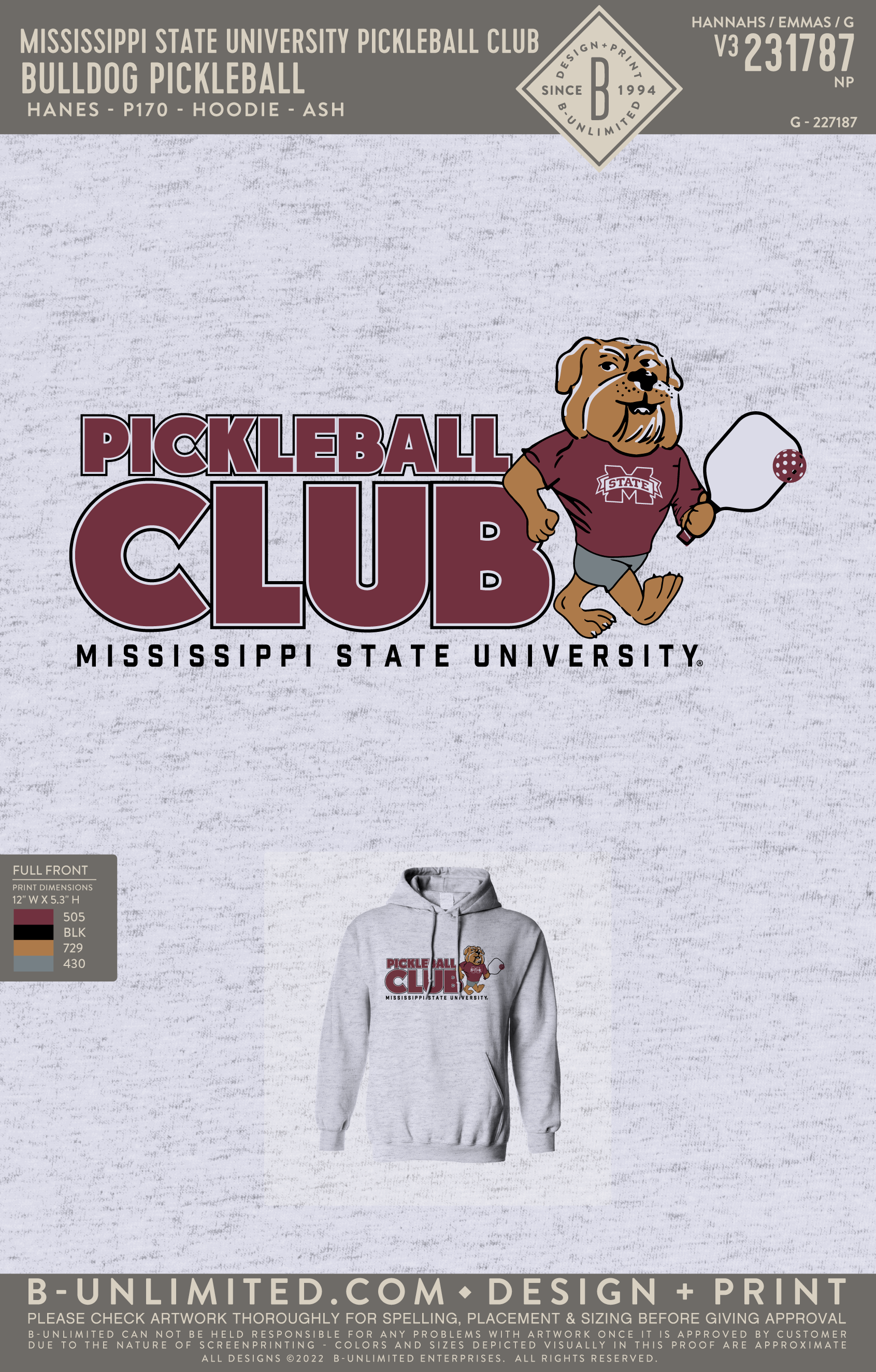 Mississippi State University Pickleball Club - Bulldog Pickleball - Hanes - P170 - Hoodie - Ash