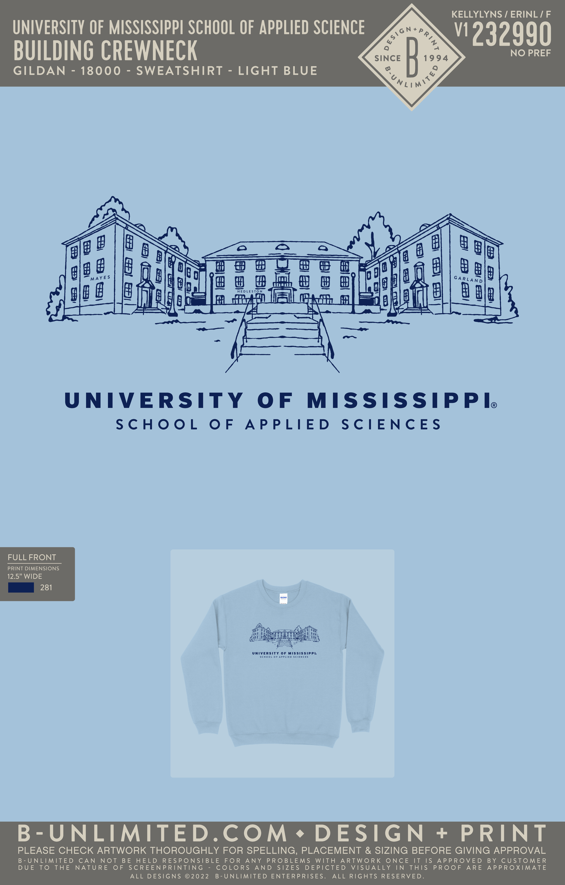 University of Mississippi School of Applied Science - Building Crewneck - Gildan - 18000 - Sweatshirt - Light Blue