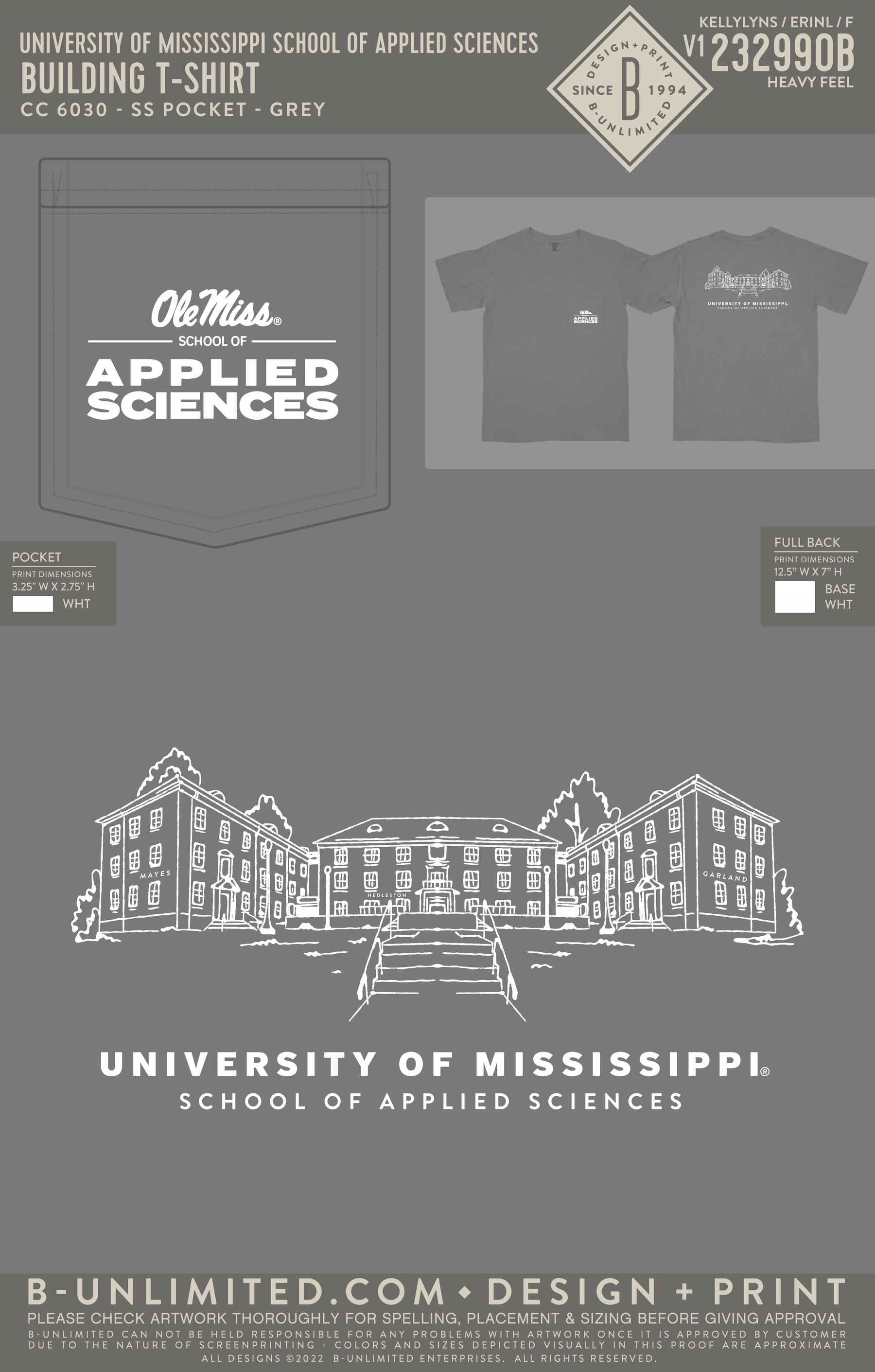 University of Mississippi School of Applied Science - Building T-Shirt - CC - 6030 - SS Pocket - Grey