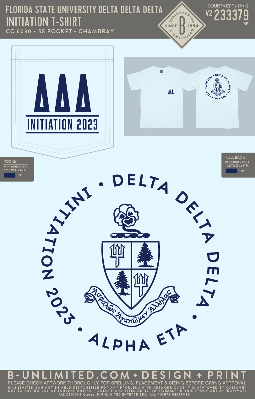 Florida State University Delta Delta Delta - Initiation T-Shirt - CC - 6030 - SS Pocket - Chambray